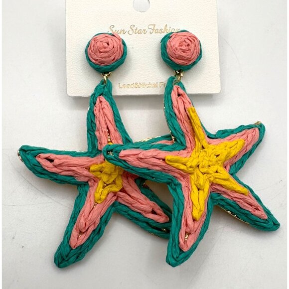 Raffia Starfish Dangle Earrings Vibrant Pink Green Yellow Lead & Nickel Free New - Picture 1 of 4